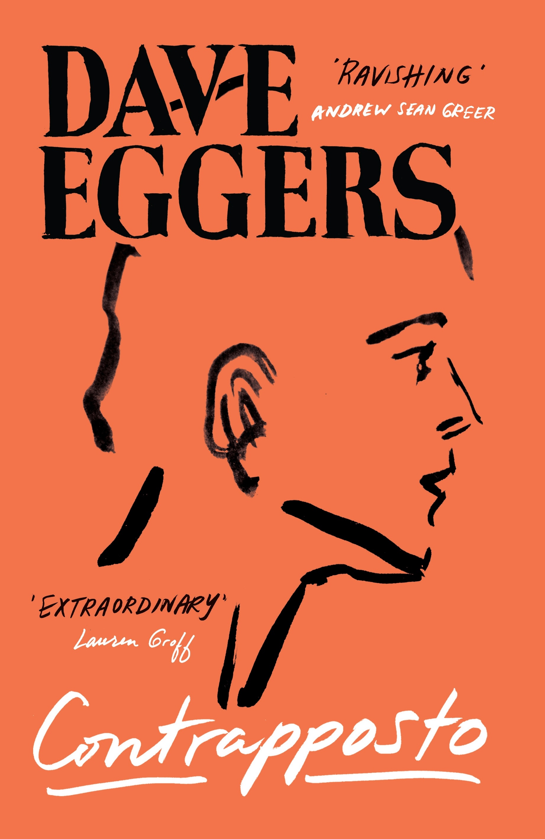 Cover of Contrapposto by Dave Eggers, featuring a simple sketch of a person's face in profile, on an orange background.