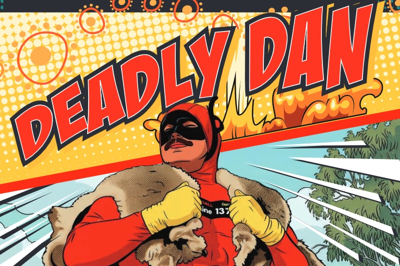 A comic illustration of a superhero with the words "deadly dan".