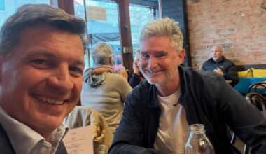 Opposition Leader Angus Taylor shared a selfie of him and comedian Dave Hughes at a Melbourne cafe with his social media followers on Thursday. Picture: Instagram/angustaylormp
