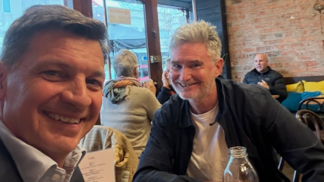 Opposition Leader Angus Taylor shared a selfie of him and comedian Dave Hughes at a Melbourne cafe with his social media followers on Thursday. Picture: Instagram/angustaylormp