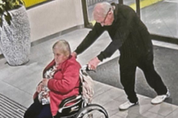 CCTV footage shows Colin pushing Claudette in a wheelchair at The Glen shopping centre in Glen Waverley on Saturday.