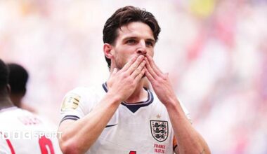 Declan Rice celebrates scoring for England against France in their World Cup third-place play-off