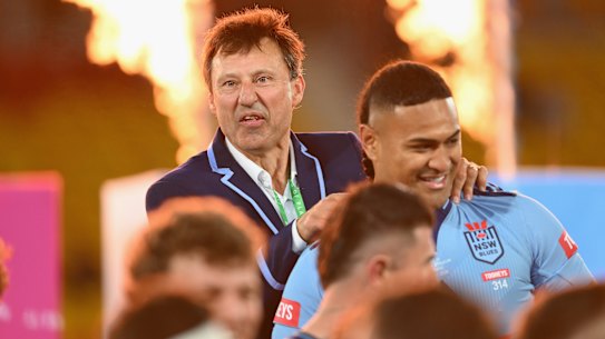 Laurie Daley celebrates the NSW Origin series win.