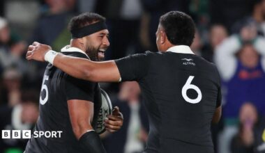 Patrick Tuipulotu and Tupou Vaa'i celebrate an All Blacks try