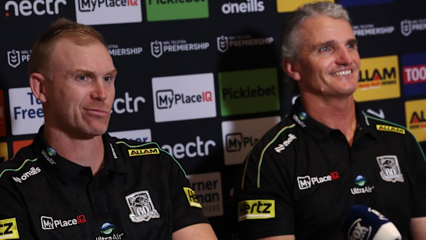 Panthers assistant Peter Wallace with Ivan Cleary.