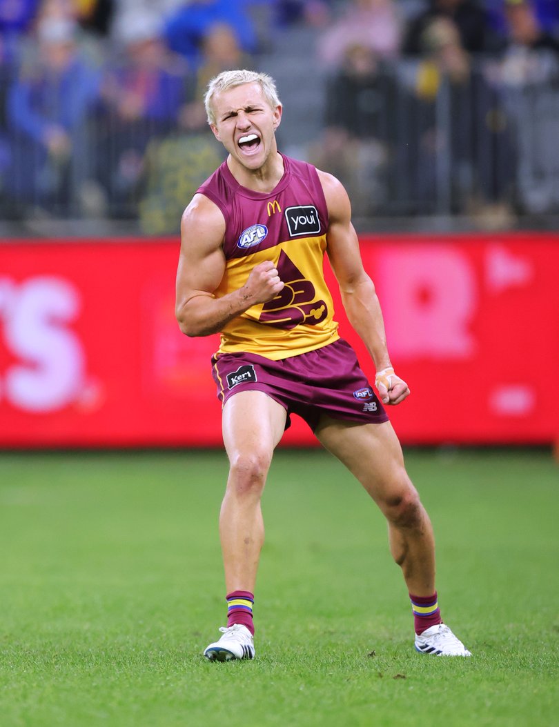 Brisbane's Kai Lohmann celebrates a goal. 