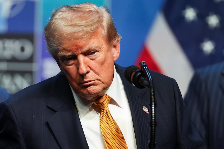 Donald Trump speaks to the media at a conference 