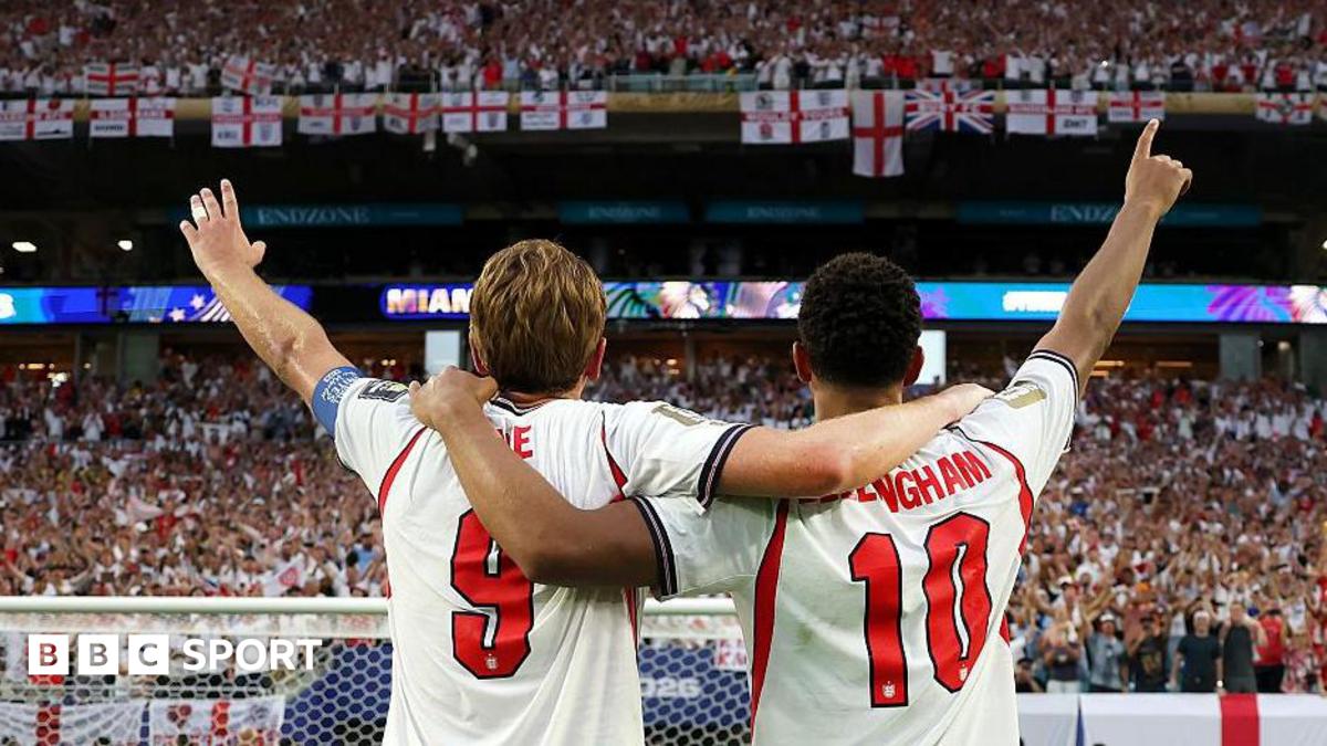 Jude Bellingham and Harry Kane of England salute the fans after the 2-1 victory over Norway