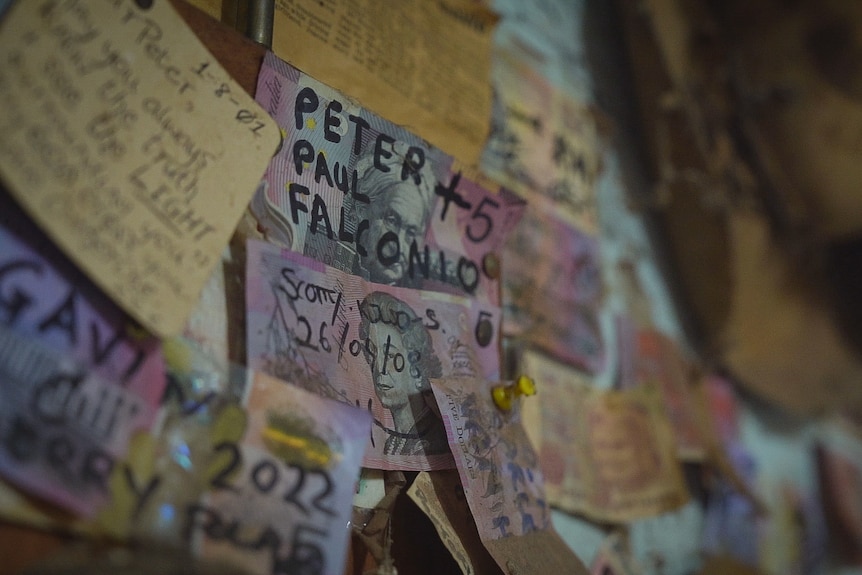 An Australian five dollar note stuck to a wall with other notes and papers reading PETER + PAUL FALCONIO