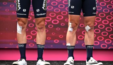 NAPLES ITALY MAY 11 LR Legs detail view of Christian Scaroni of Italy and Mark Cavendish of The United Kingdom and Astana Qazaqstan Team prior to the 106th Giro dItalia 2023 Stage 6 a 162km stage from Naples to Naples UCIWT on May 11 2023 in Naples Italy Photo by Stuart FranklinGetty Images