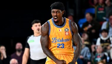 HOBART, AUSTRALIA - NOVEMBER 08: Casey Prather of the Bullets celebrates the win during the round eight NBL match between Tasmania Jackjumpers and Brisbane Bullets at MyState Bank Arena, on November 08, 2025, in Hobart, Australia. (Photo by Steve Bell/Getty Images)