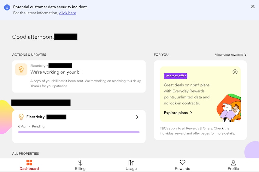 A redacted screenshot from an iPad of a customer's Origin Energy account with a message stating "we're working on your bill".