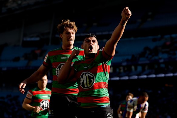 David Fifita celebrates a try against the Knights.