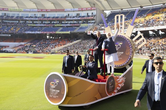 Anthony Albanese on a chariot with Indian Prime Minister  Narendra Modi before the fourth Test in Ahmedabad in 2023.