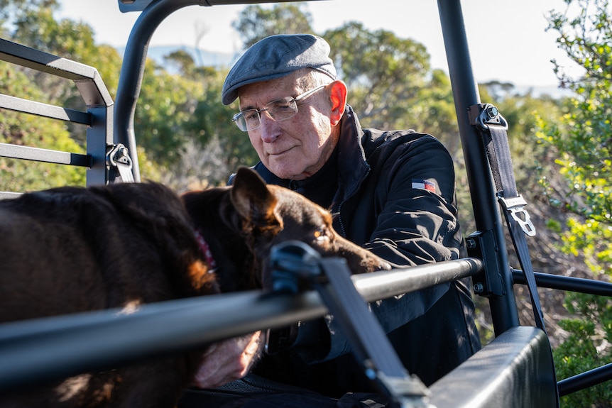 A man reaches into an off-road vehicle, which is parked in the bush, to unclip his dog.