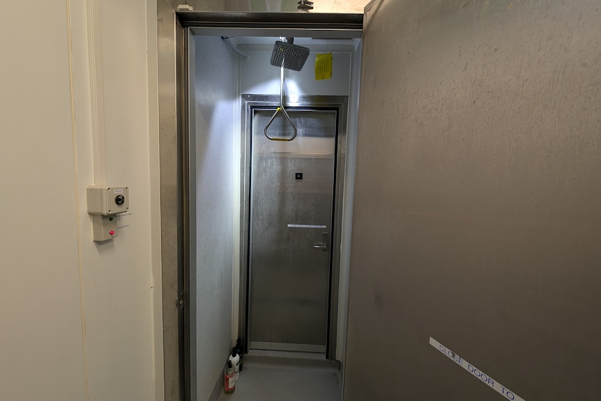 A stark looking room with doors on either side and a stainless steel shower head.