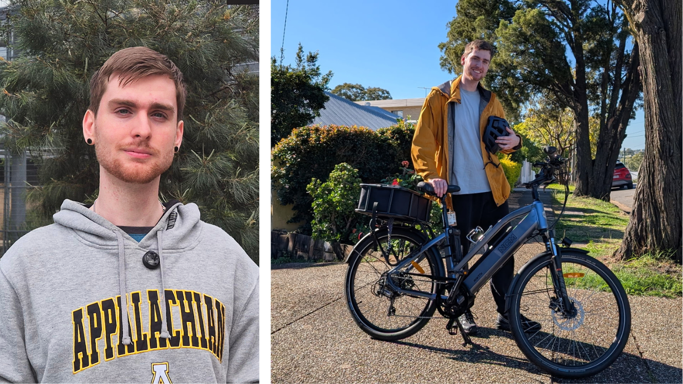 A young man stands with a bicycle on a footpath, and a close-up image of his face.