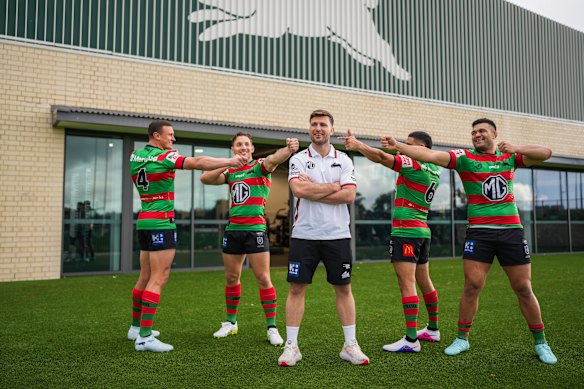 Rabbitohs stars Jack Wighton, Cam Murray, Cody Walker and David Fifita show their support for Jai Arrow (centre).