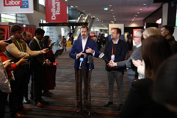 Ed Husic speaks to the media on Saturday.