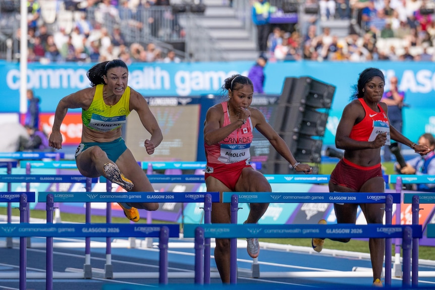 Australian Michelle Jenneke clears the hurdles in the heats of the 110m hurdles at the 2026 Glasgow Commonwealth Games.