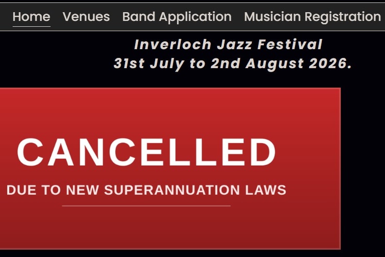 The Inverloch Jazz Festival website shows the event has been 'cancelled due to new superannuation laws'