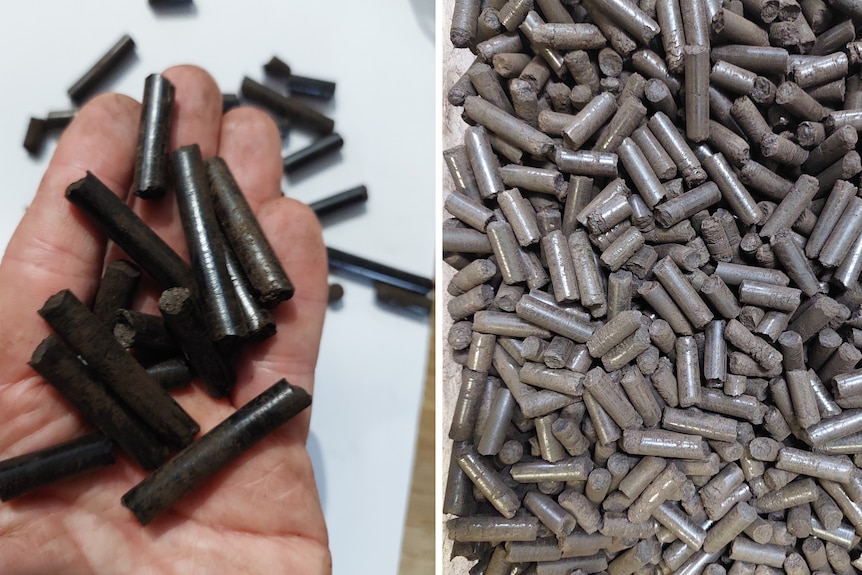 A side by side of two photos of dark cylinder shaped pellets
