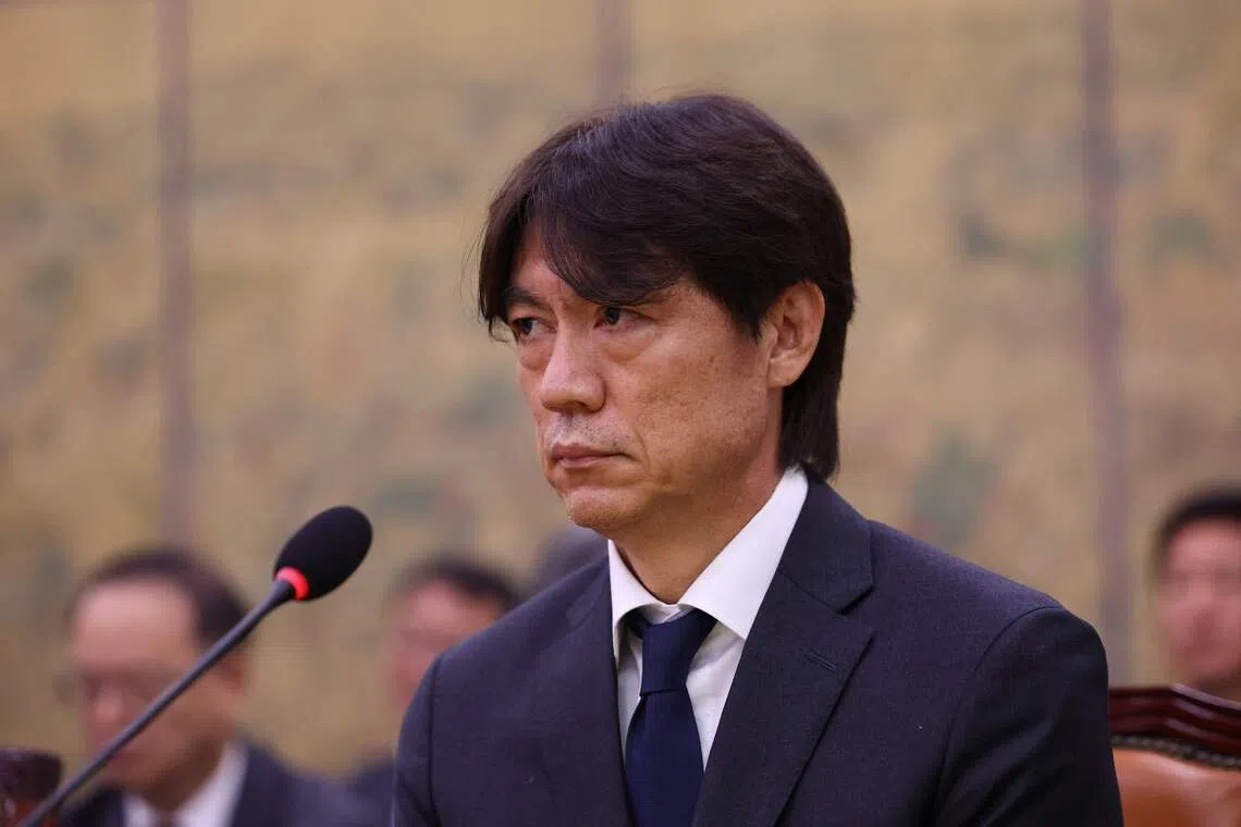 Former South Korean men’s national head coach Hong Myung-bo attending a hearing at the National Assembly in Seoul on July 30.
