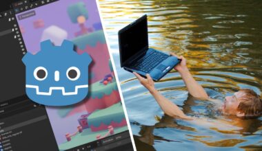 The Godot logo over a screenshot of the Godot IDE; a man struggling to keep a laptop above water while swimming.