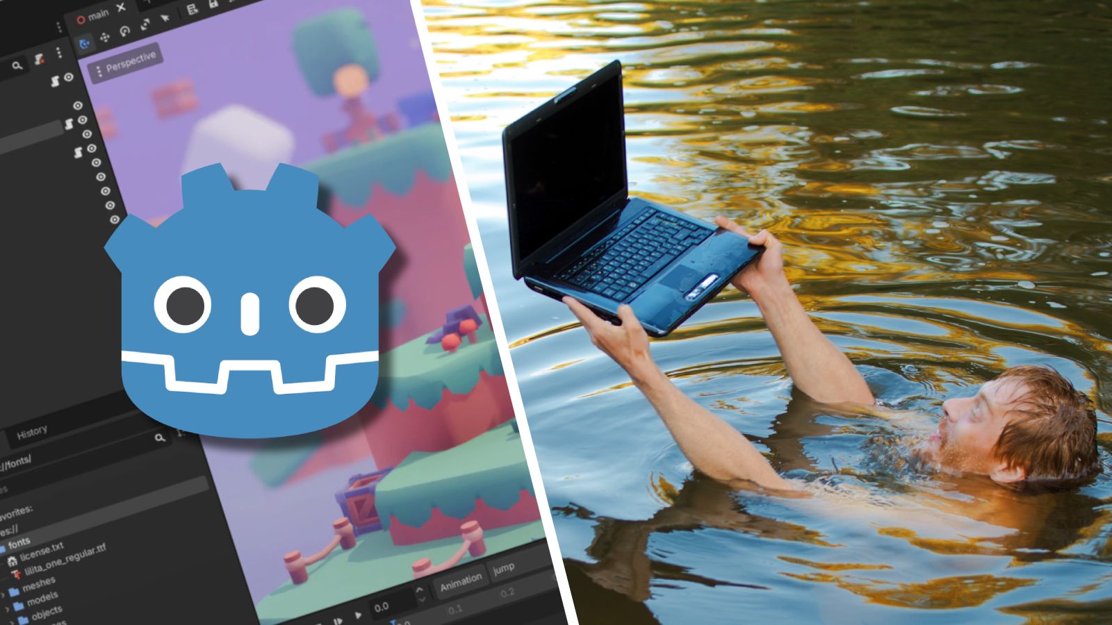 The Godot logo over a screenshot of the Godot IDE; a man struggling to keep a laptop above water while swimming.