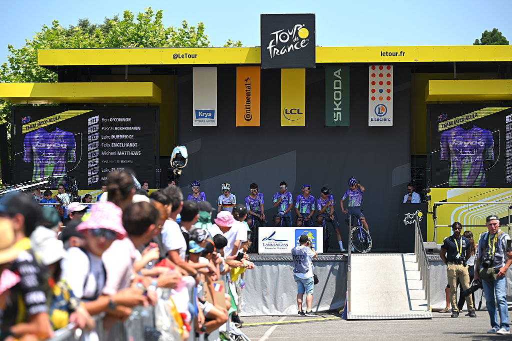 LANNEMEZAN, FRANCE - JULY 08: Ben O&amp;apos;Connor of Australia, Pascal Ackermann of Germany, Luke Durbridge of Australia, Felix Engelhardt of Germany, Michael Matthews of Australia, Kelland O&amp;apos;Brien of Australia, Luke Plapp of Australia, Mauro Schmid of Switzerland and Team Jayco AlUla prior to the 113th Tour de France 2026, Stage 5 a 158.3km stage from Lannemezan to Pau / #UCIWT / on July 08, 2026 in Lannemezan, France. (Photo by Tim de Waele/Getty Images)