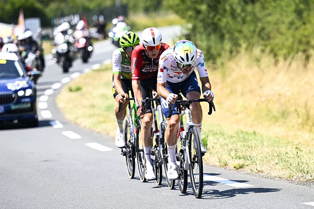 French Thibault Guernalec of TotalEnergies pictured in action during the stage 8 of the 2026 Tour de France cycling race, a stage of 182km from Perigueux to Bergerac, on Saturday 11 July 2026. The 113th edition of the Tour de France starts on Saturday 4 July in Barcelona, Spain, and will finish in Paris, France on the 26th of July. BELGA PHOTO TOMAS SISK POOL (Photo by TOMAS SISK POOL / BELGA MAG / Belga via AFP)