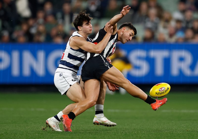 Nick Daicos of Collingwood is tackled by Geelong's Oisín Mullin during the AFL Round 21 match between Collingwood and Geelong at the Melbourne Cricket Ground on July 30th, 2026. Photograph: Michael Willson/AFL Photos via Getty Images
