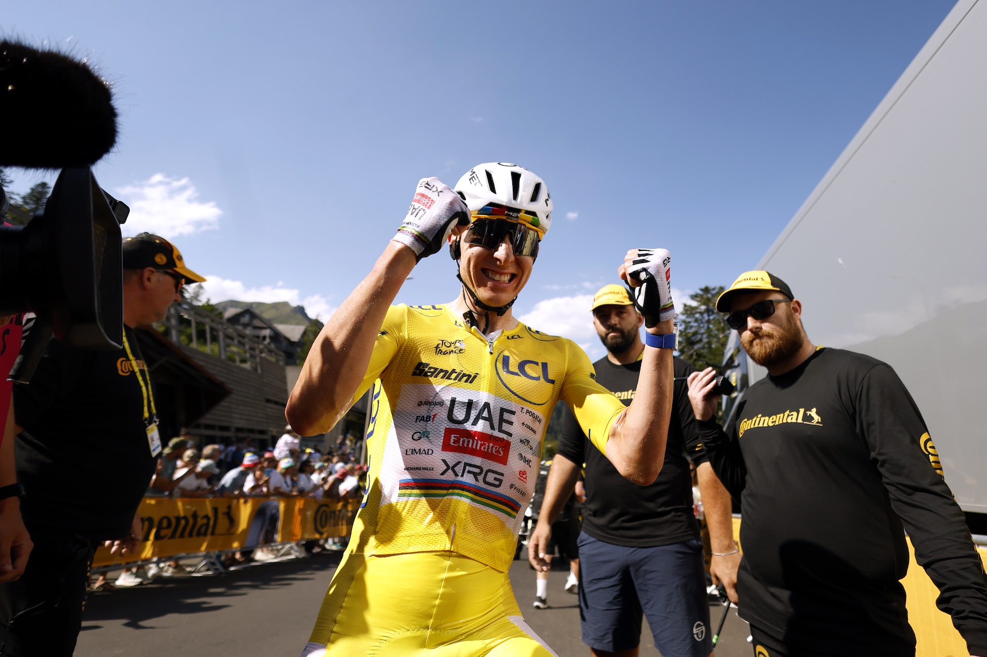 LE LIORAN, FRANCE - JULY 14: Stage winner Tadej Pogacar of Slovenia and UAE Team Emirates - XRG - Yellow Leader Jersey reacts after the 113th Tour de France 2026, Stage 10 a 166.6km stage from Aurillac to Le Lioran 1240m / #UCIWT / on July 14, 2026 in Le Lioran, France. (Photo by Yoan Valat - Pool/Getty Images)