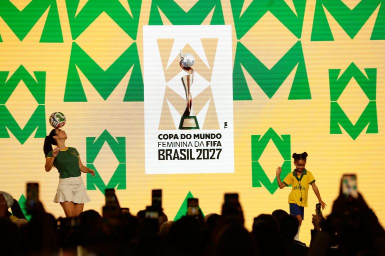 People perform during the launch of the official branding of the 2027 Brazil FIFA Women's World Cup Soccer tournament, in Rio de Janeiro, Sunday, Jan. 25, 2026. (AP Photo/Bruna Prado)