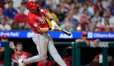 Cincinnati Reds' Spencer Steer hits a run-scoring double against Philadelphia Phillies pitcher José Alvarado during the eighth inning of a baseball game Monday, May 18, 2026, in Philadelphia. (AP Photo/Matt Slocum)