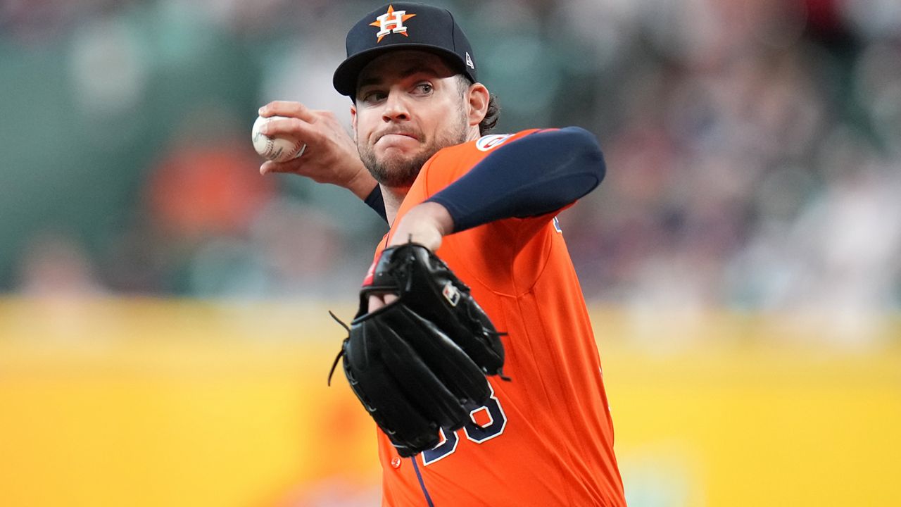 Houston Astros starting pitcher Peter Lambert delivers to Baltimore Orioles' Adley Rutschman during the first inning of a baseball game, Friday, July 17, 2026, in Houston. (AP Photo/Karen Warren)