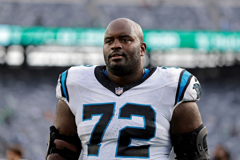 Carolina Panthers offensive tackle Taylor Moton (72) reacts after an NFL football game against the New York Jets on Oct. 19, 2025, in East Rutherford, N.J.