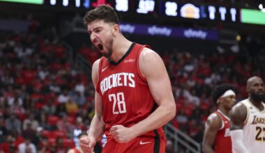 Apr 26, 2026; Houston, Texas, USA; Houston Rockets center Alperen Sengun (28) reacts after a play during the second quarter against the Los Angeles Lakers during game four of the first round of the 2026 NBA Playoffs at Toyota Center. Mandatory Credit: Troy Taormina-Imagn Images