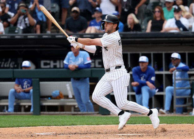 White Sox first baseman Jacob Gonzalez hits a game-winning single in the ninth inning against the Royals on June 27, 2026, at Rate Field. (Chris Sweda/Chicago Tribune)