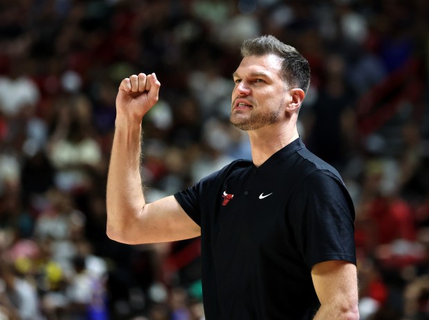 Bulls coach Tiago Splitter gestures in the first half of a summer league game against the Grizzlies on July 10, 2026, in Las Vegas. (Ethan Miller/Getty)
