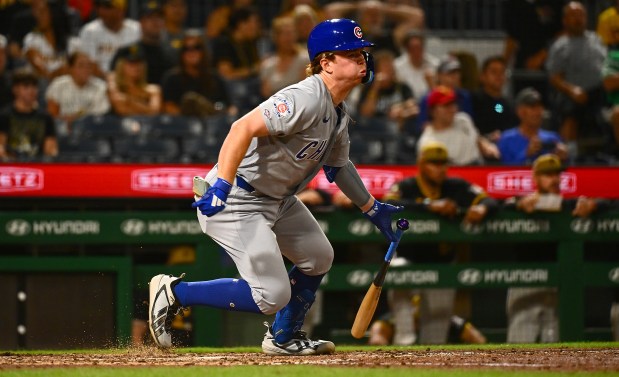 The Cubs' James Triantos hits a single for his first major-league hit against the Pirates at PNC Park on July 25, 2026, in Pittsburgh. (Justin Berl/Getty)