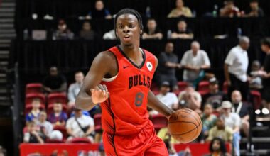 LAS VEGAS, NV - JULY 10: Caleb Wilson #8 of the Chicago Bulls dribbles the ball during the game against the Memphis Grizzlies on July 10, 2026 at the Thomas & Mack Center in Las Vegas, Nevada. (Photo by David Dow/NBAE via Getty Images)
