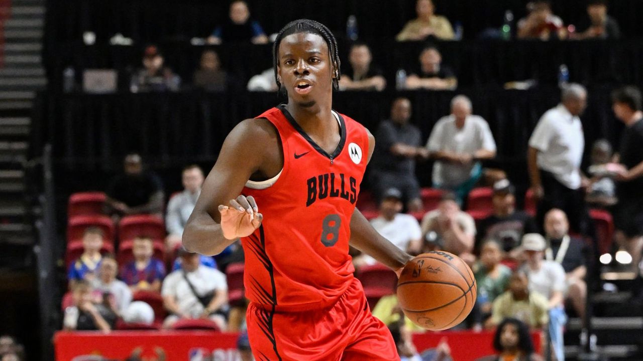 LAS VEGAS, NV - JULY 10: Caleb Wilson #8 of the Chicago Bulls dribbles the ball during the game against the Memphis Grizzlies on July 10, 2026 at the Thomas & Mack Center in Las Vegas, Nevada. (Photo by David Dow/NBAE via Getty Images)