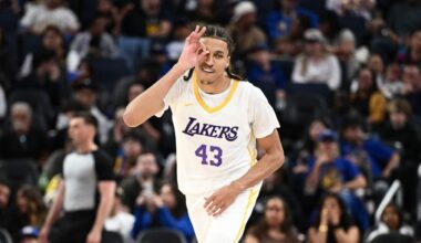 SAN FRANCISCO, CALIFORNIA - JULY 05: Cameron Carr #43 of the Los Angeles Lakers reacts after making a three-point shot against the Miami Heat during the second half of their 2026 California Classic Summer League game at Chase Center on July 05, 2026 in San Francisco, California. (Photo by Thien-An Truong/Getty Images)