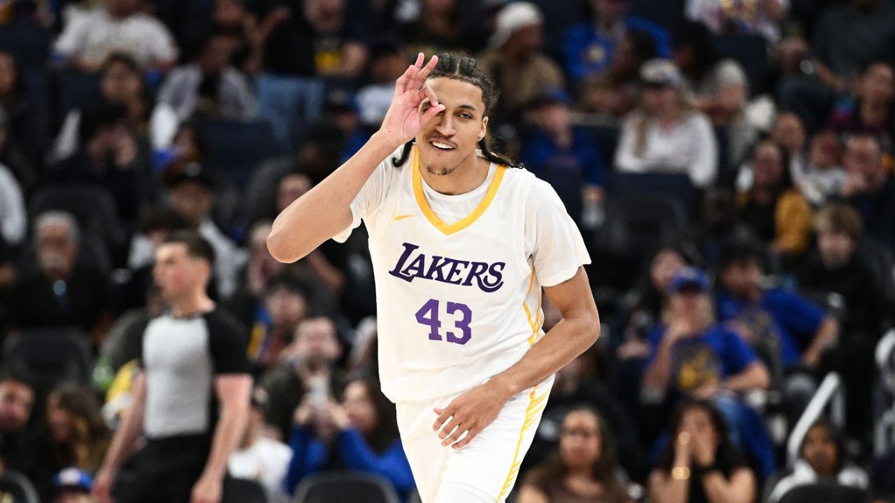 SAN FRANCISCO, CALIFORNIA - JULY 05: Cameron Carr #43 of the Los Angeles Lakers reacts after making a three-point shot against the Miami Heat during the second half of their 2026 California Classic Summer League game at Chase Center on July 05, 2026 in San Francisco, California. (Photo by Thien-An Truong/Getty Images)