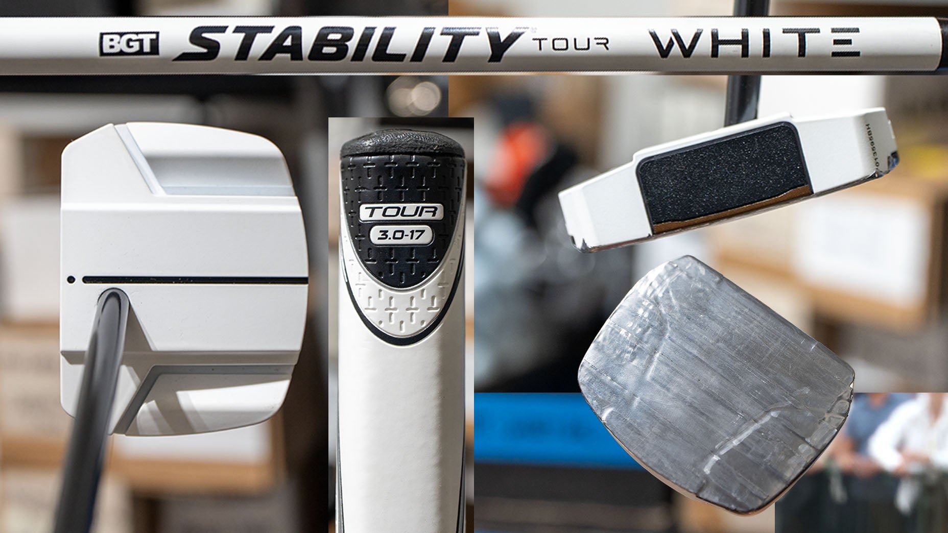 Close-up of a white BGT Stability Tour White golf putter shaft and head, featuring black and silver accents, with detailed views of the shaft graphics and the putter’s face and sole in a workshop setting.