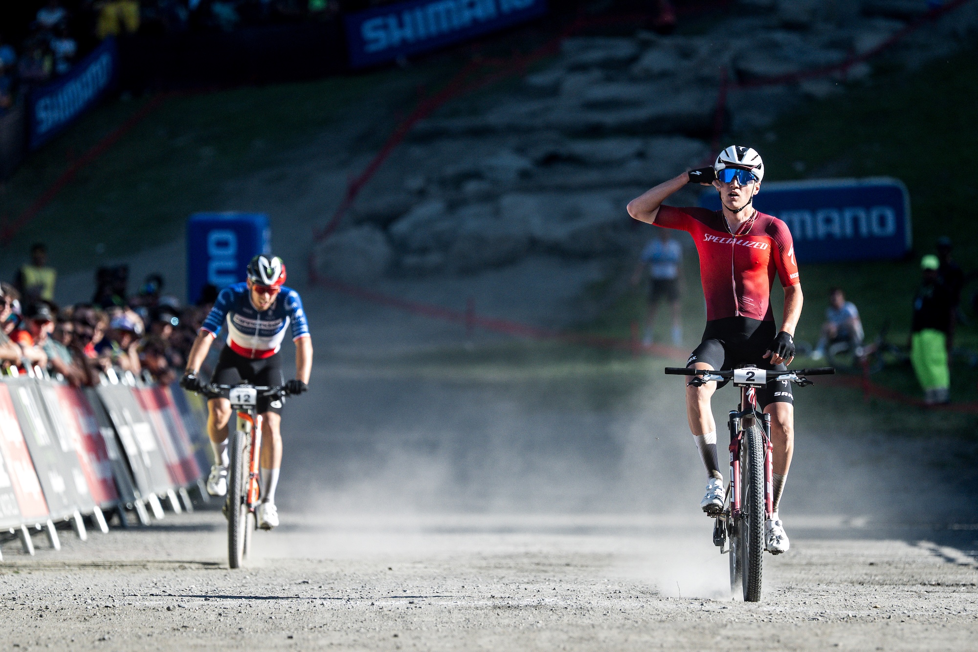 AOSTA, ITALY - JULY 03: Adrien Boichis of France and Team Specialized Factory Racing wins the XCC (Short Track) Men Elite Race during the UCI Mountain Bike World Series La Thuile on July 03, 2026 in Aosta, Italy. (Photo by Billy Ceusters/Getty Images)