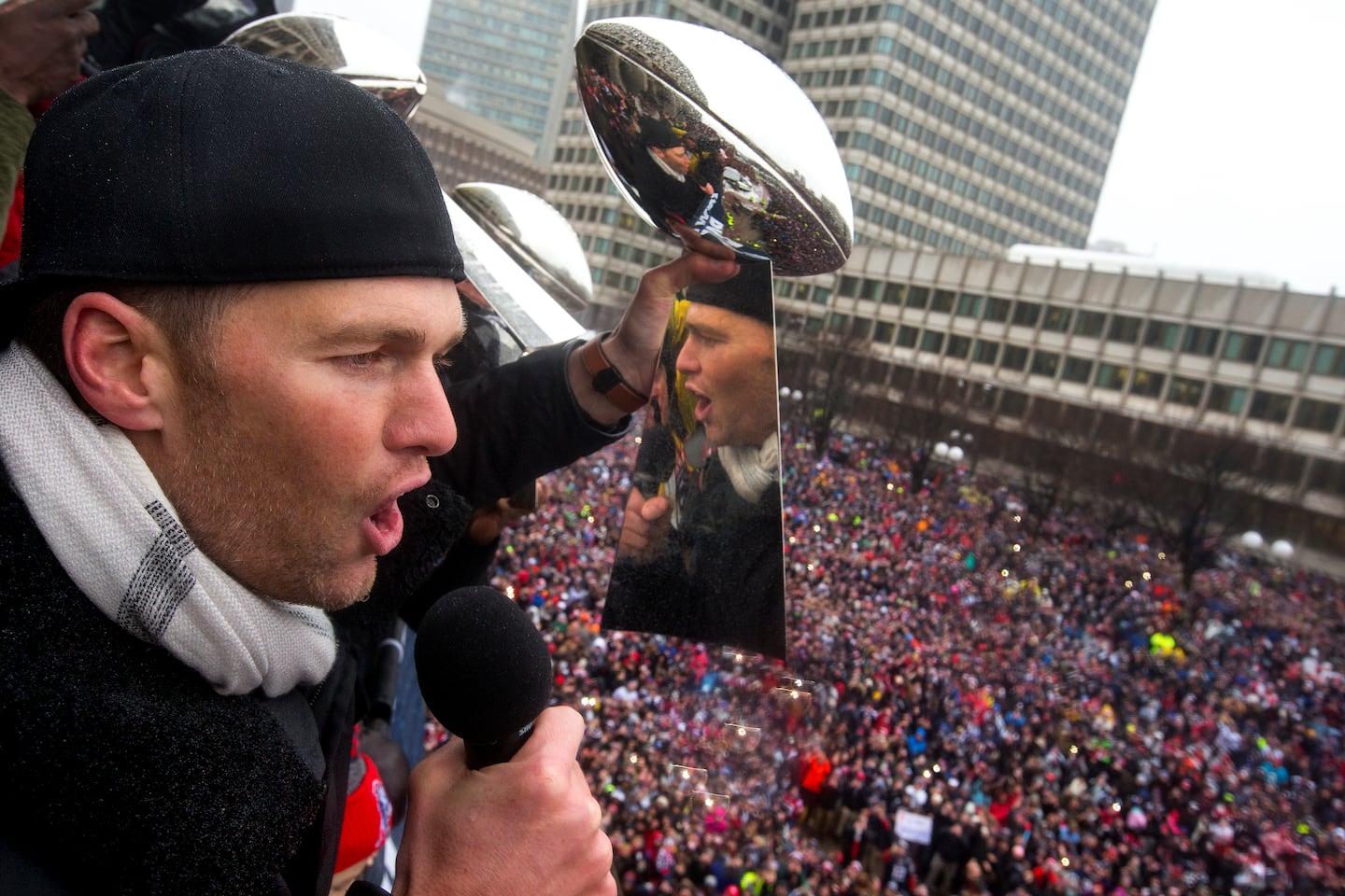 Tom Brady addressed a packed City Hall Plaza during a Patriots victory parade on Feb. 7, 2017.