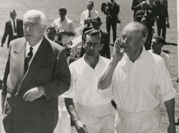 Sir Robert Menzies with cricketers Ted Dexter and Don Bradman at Manuka Oval. Photo: Cricket ACT. Original source: National Library of Australia.