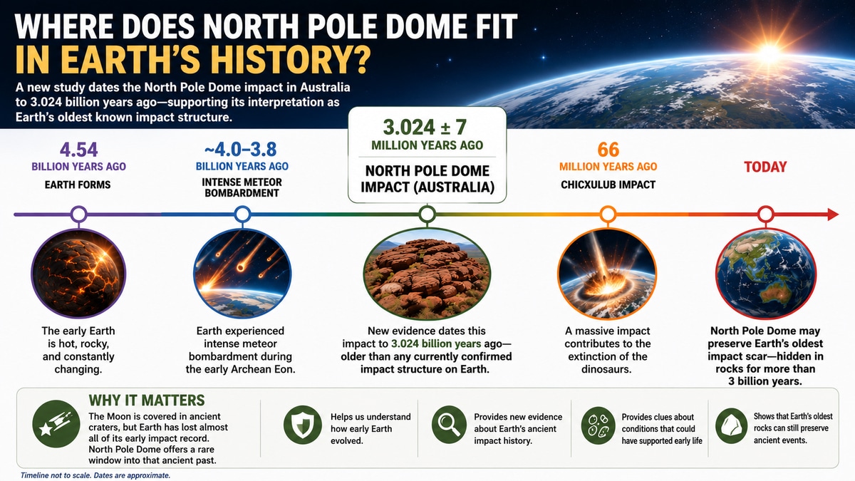 Timeline infographic showing Earth's history from 4.54 billion years ago to today, highlighting the North Pole Dome impact in Australia at 3.024 billion years ago as Earth's oldest known impact structure.